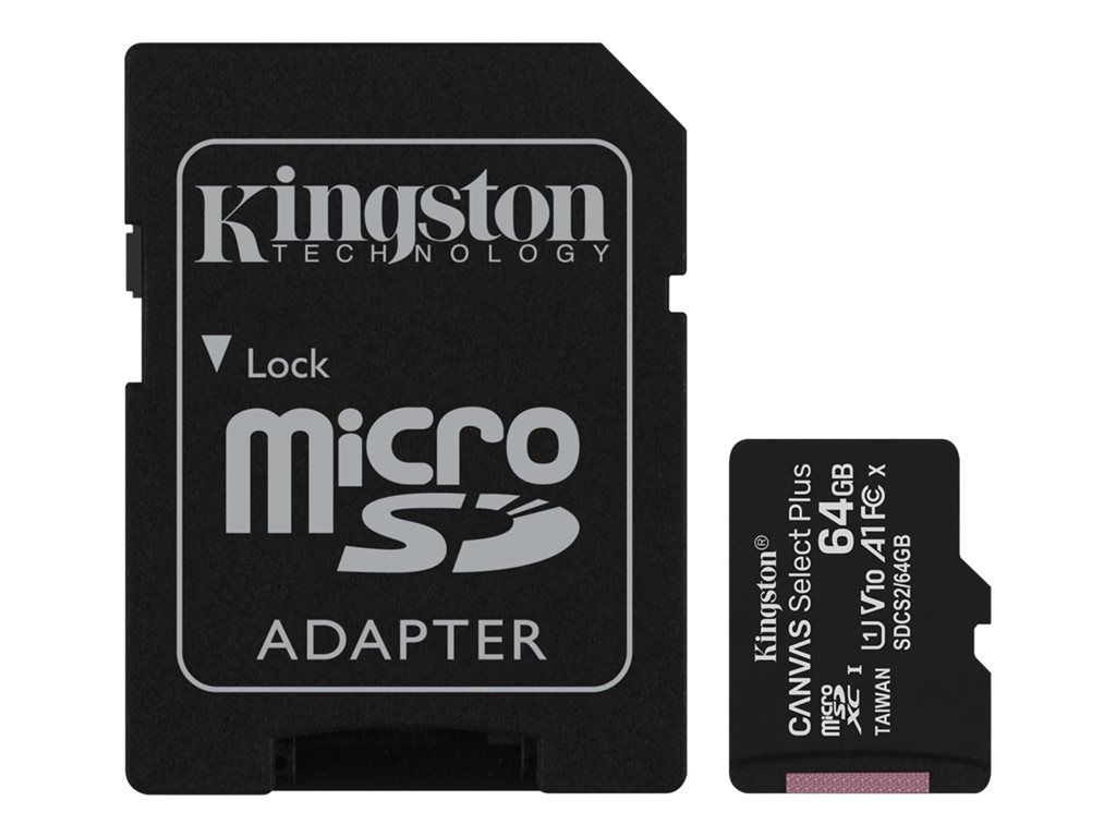 Kingston Canvas Select Plus - Carte mémoire flash (adaptateur microSDXC vers SD inclus(e)) - 64 Go - A1 / Video Class V10 / UHS Class 1 / Class10 - microSDXC UHS-I
