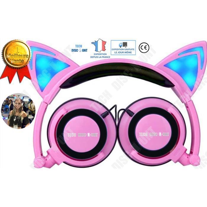 TD® Casque filaire audio kawaii enfant gaming anti bruit oreille de chat lumineux musique téléphone pliable écouteurs puissant