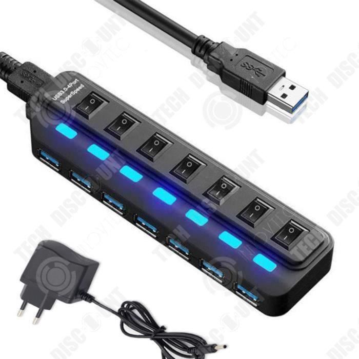 TD® Alimentation USB Répartiteur HUB 7 ports USB3.0 ultra-rapide avec interrupteur Interface USB 3.0 x 7PORT noire connectée au hub