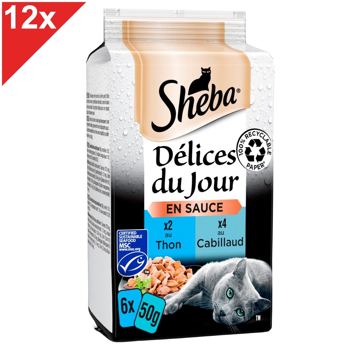 Sheba Délices Du Jour 72 Sachets Thon Cabillaud En Sauce Pour Chat 50g (12x6)