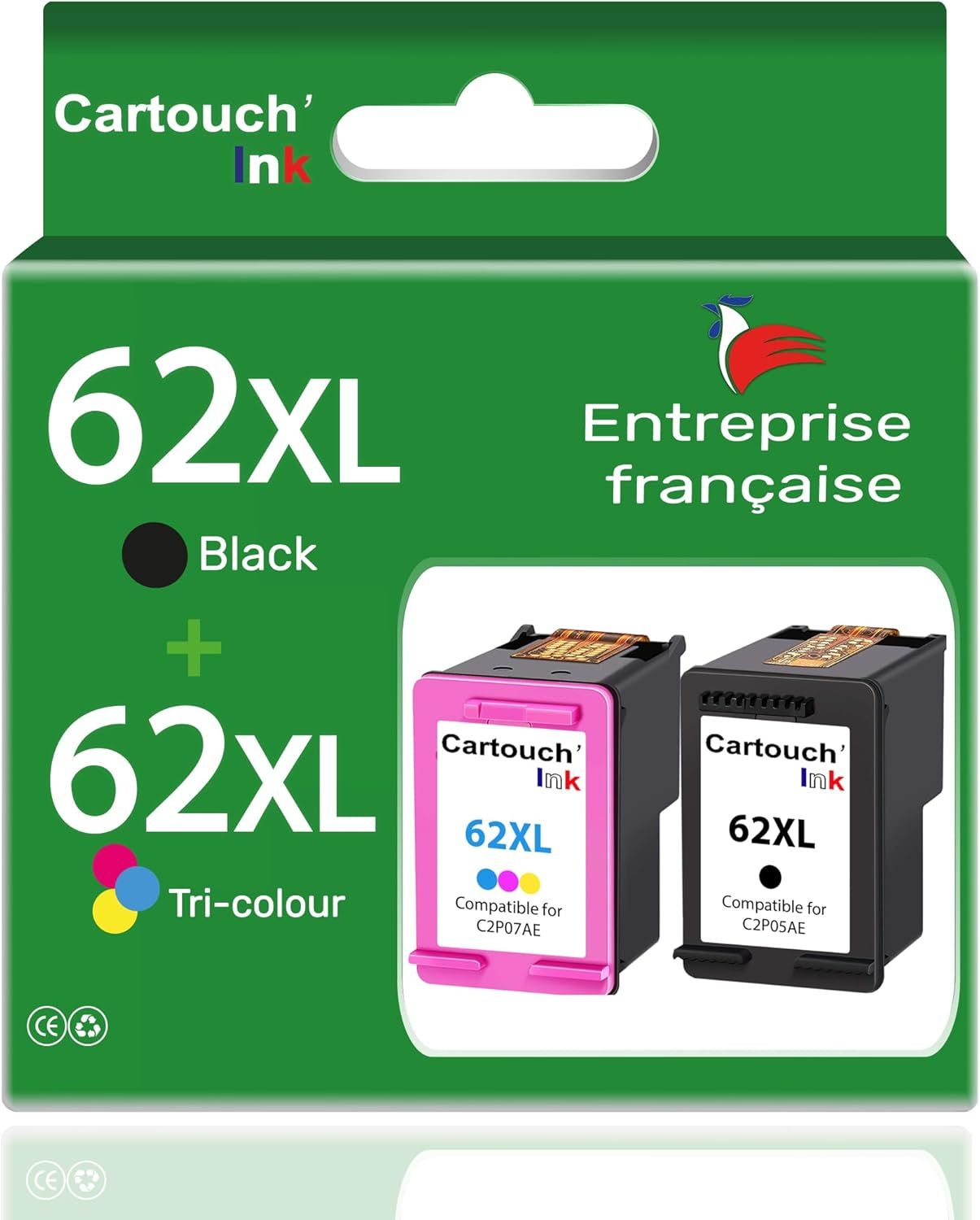 Entreprise française - 62xL - 2 Cartouches d'encre Compatibles avec HP 62 et HP 62xL - pour Cartouche Encre HP 62 (1 Noir 1 Couleur) pour