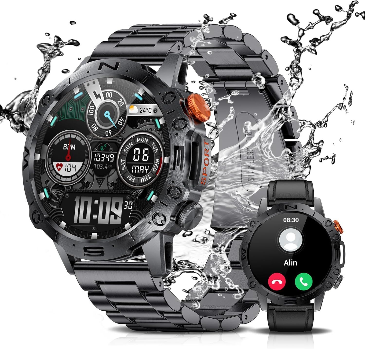 Montre Connectée Homme Pour Android Ios 1,43"" Amoled Hd Outdoor 110 Modes Sportifs Montre Intelligente Militaire Avec Appels Bluetooth,Étanche Ip68,Batterie 400 Mah,Sommeil Moniteur