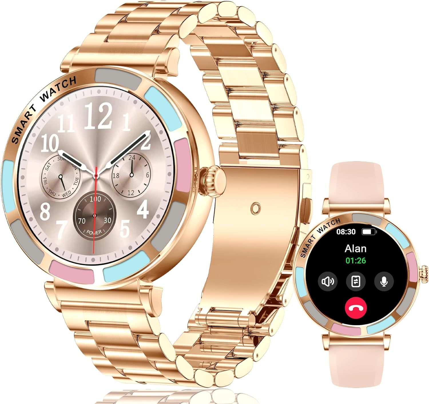 Montre Connectée Femme,1.27"" Smartwatch Avec Appel,Montre Podomètre Avec Moniteur De Fréquence Cardiaque Spo2 Menstrual Cycle Sonn Monitoring,Montre Connectée Pour Ios Et Android/Or Rose