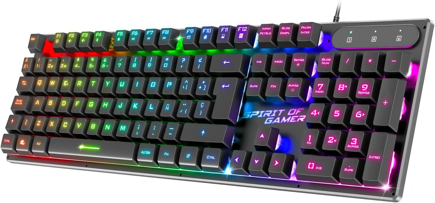 x Pro K1 - Clavier Gamer Semi-Mecanique Filaire pour PC - Layout QWERTY Espagnol - 26 Touches Anti-Ghosting - 3 Modes de Rétroéclairage RGB - Slim USB Gaming Keyboard