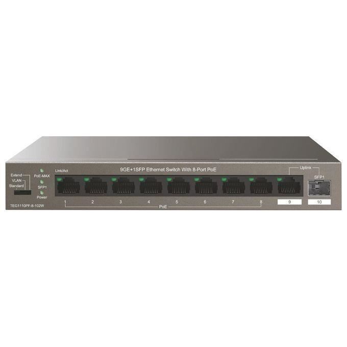 Tenda PoE Switch Gigabit 10 Ports, 9GE+1SFP Switch PoE 102W avec 8-Port PoE, Plug et Play, Boîtier Métal, Pour la Vidéo Surveillance