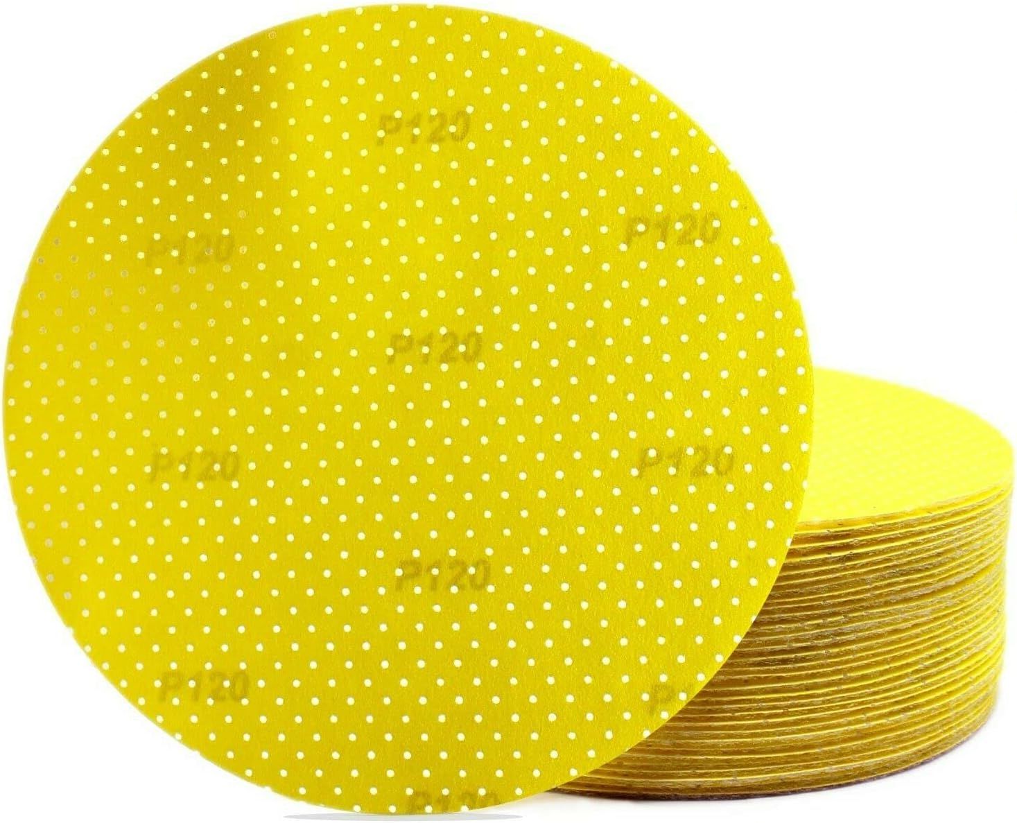 Lot de 25 disques abrasifs jaunes de 225 mm - Grain 100 - Feuilles abrasives auto-adhésives - Multi-trous pour ponceuse à sec, ponceuse girafe, ponceuse murale - Ponceuse de plafond