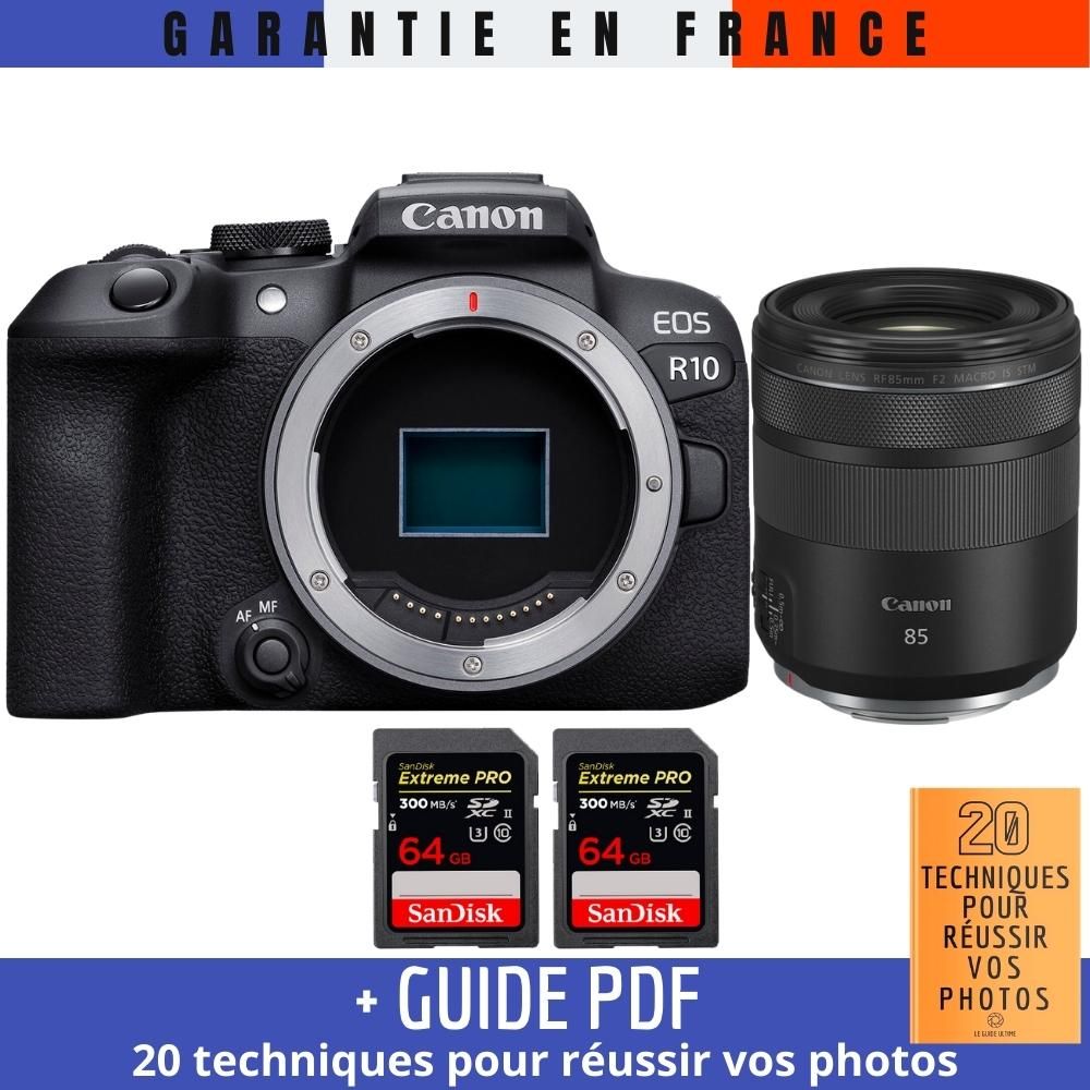 Canon EOS R10 + RF 85mm F2 Macro IS STM + 2 SanDisk Extreme PRO UHS II SDXC 300 MB/ + Guide PDF '20 TECHNIQUES POUR RÉUSSIR VOS PHOTOS
