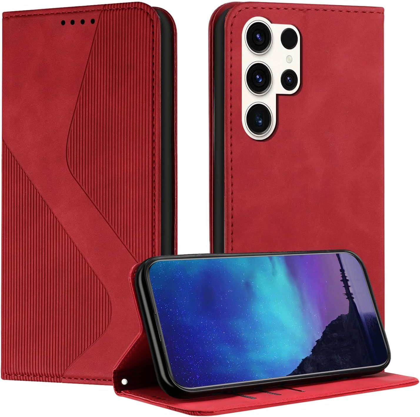 Coque Pour Samsung Galaxy S23 Ultra, Coque Samsung S23 Ultra, Housse S23 Ultra, Housse En Cuir Pu Portefeuille Magnetique Etui De Protection, Flip Case Pour Galaxy S23 Ultra (Rouge)