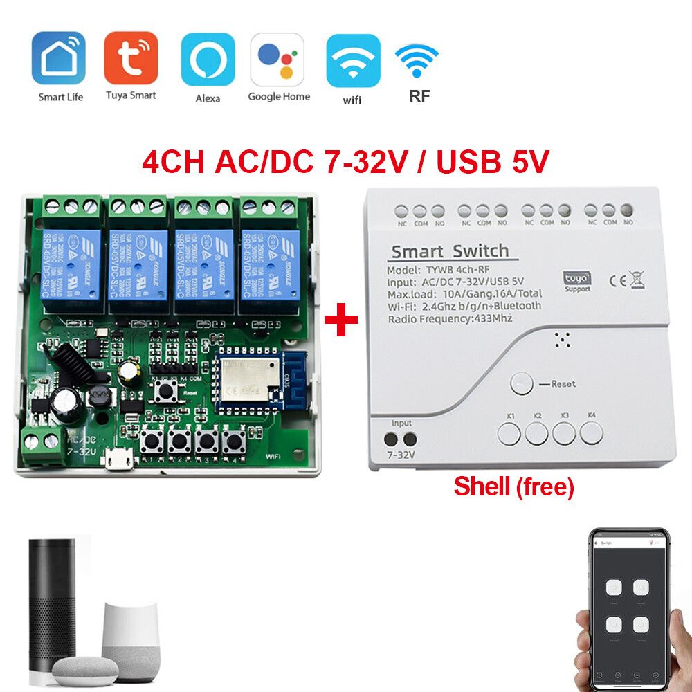 DC 5V 7V-32V AC 85-250V 4 canaux WiFi Télécommande Relais Module Commutateur Prend en charge 433MHZ Télécommande pour Tuya Smart Life - Type 7V-32V Wifi