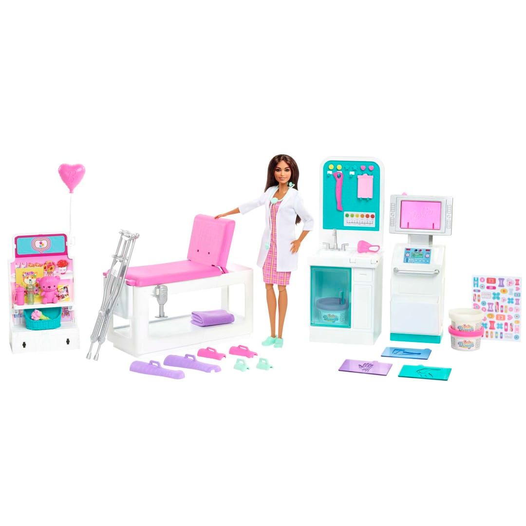 Barbie Métiers Coffret Clinique avec poupée docteure Brune et Plus de 30 Accessoires Dont 3 Pots de pâte à Modeler Emballage fermé Jouet pour Enfant HFT68