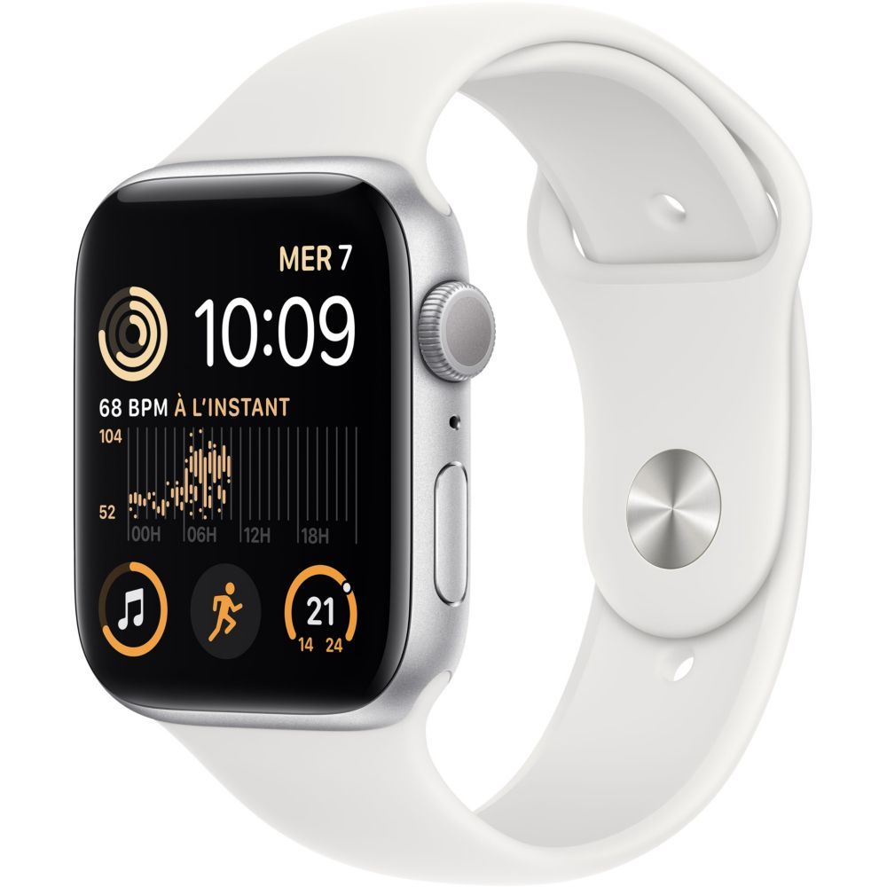 Apple Watch SE (2e génération) GPS - Boîtier Aluminium argenté 44 mm  - Bracelet Sport Blanc