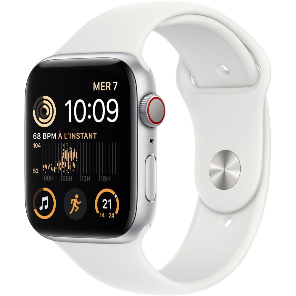 Apple Watch SE (GPS + Cellular) - 2e génération - 44 mm - aluminium argenté - montre intelligente avec bracelet sport - fluoroélastomère - blanc - taille du bracelet : Normal - 32 Go - Wi-Fi...