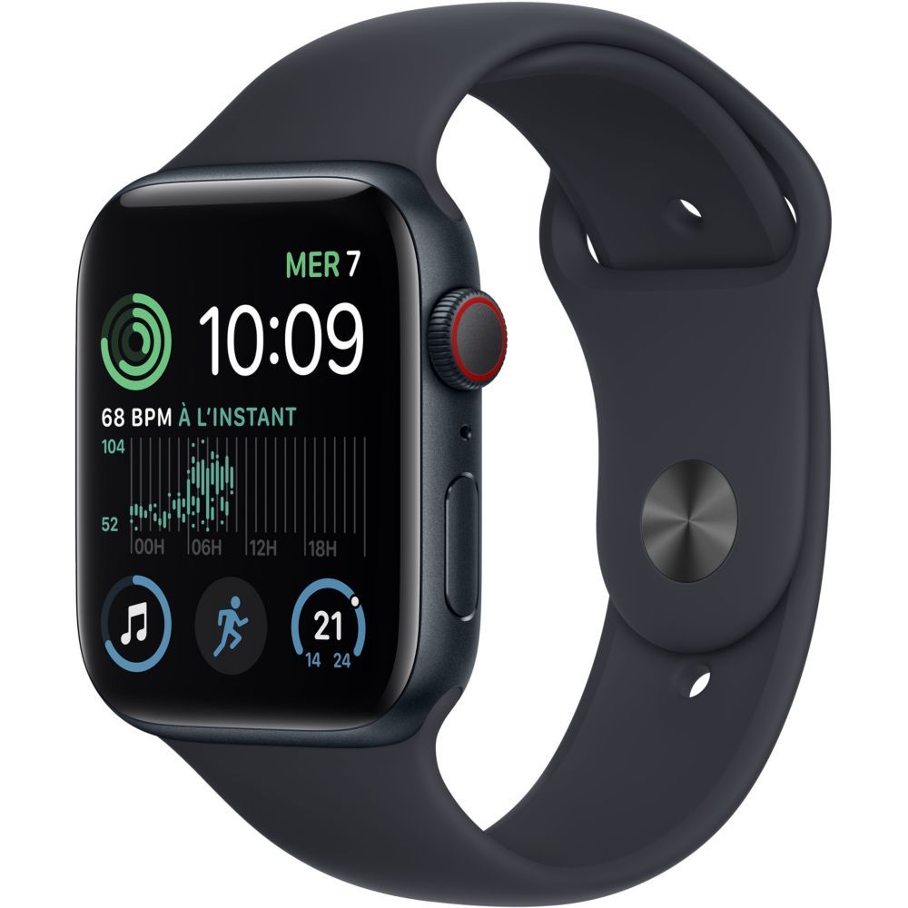 Apple Watch SE (GPS + Cellular) - 2e génération - 44 mm - aluminium minuit - montre intelligente avec bracelet sport - fluoroélastomère - minuit - taille du bracelet : Normal - 32 Go - Wi-Fi...