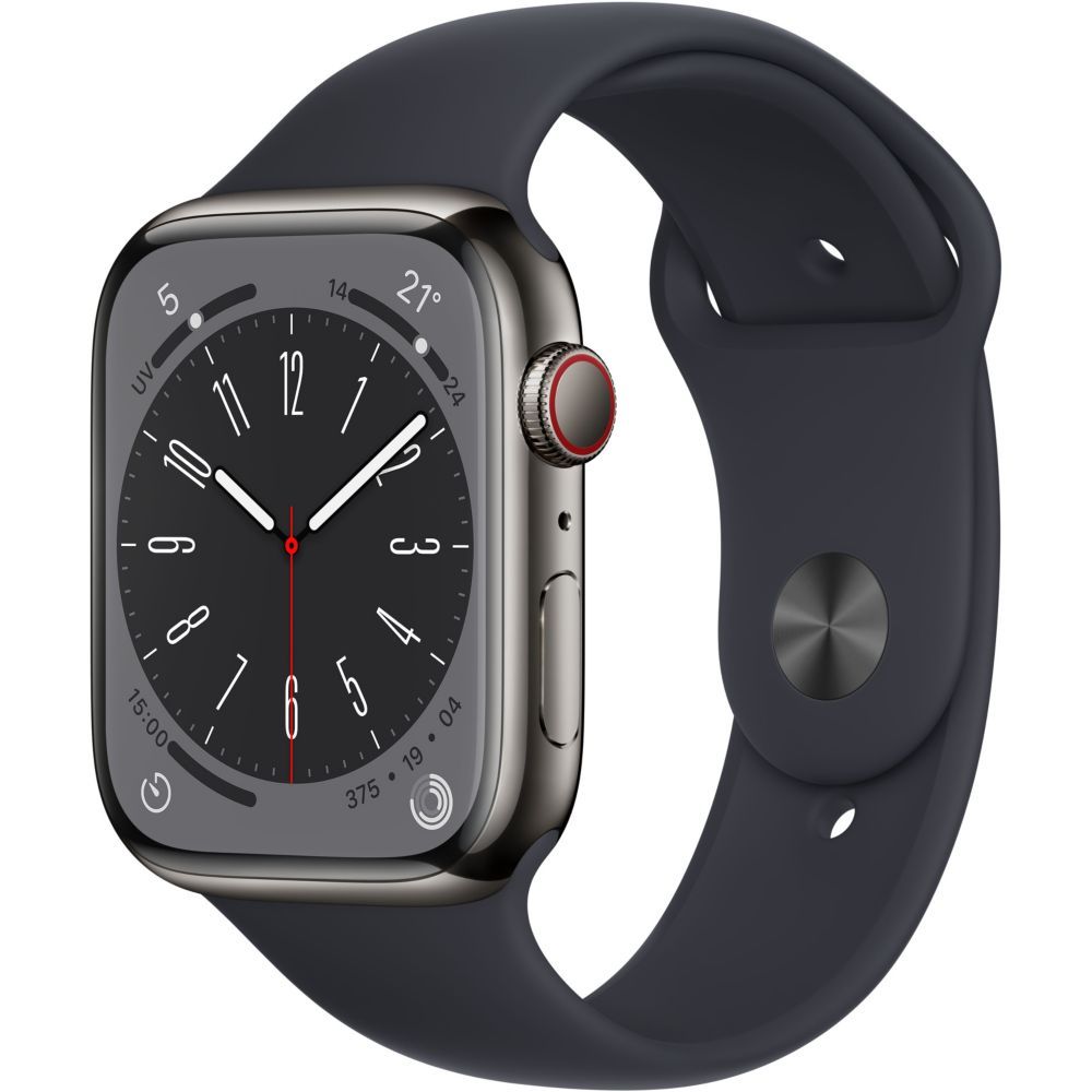 Apple Watch Series 8 (GPS + Cellular) - Boîtier 45 mm Acier Inoxydable Graphite avec Bracelet Sport Minuit