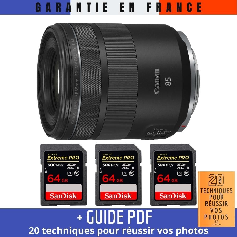 Canon RF 85mm f2 Macro IS STM + 3 SanDisk UHS II 300 MB/ + Guide PDF MCZ DIRECT '20 TECHNIQUES POUR RÉUSSIR VOS PHOTOS