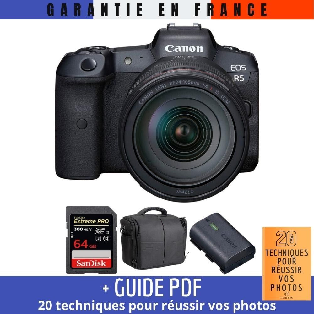 Canon EOS R5 + RF 24 105mm F4L IS USM + SanDisk UHS II SDXC 300 MB/ + Canon LP E6NH + Sac + Guide PDF MCZ DIRECT '20 TECHNIQUES POUR RÉUSSIR VOS PHOTOS