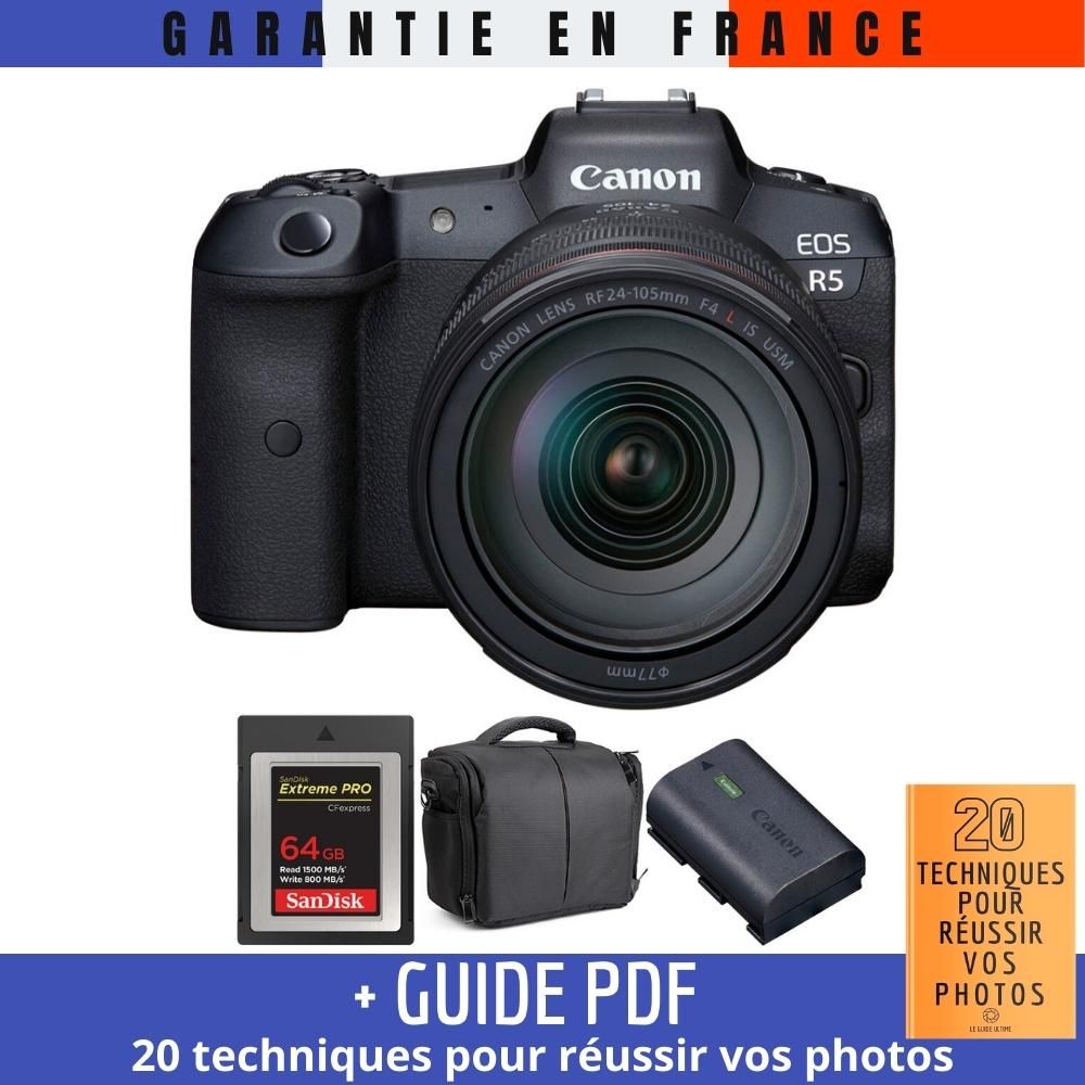 Canon EOS R5 + RF 24 105mm F4L IS USM + SanDisk Extreme PRO CFexpress Type B + LP E6NH + Sac + Guide PDF MCZ DIRECT '20 TECHNIQUES POUR RÉUSSIR VOS PHOTOS