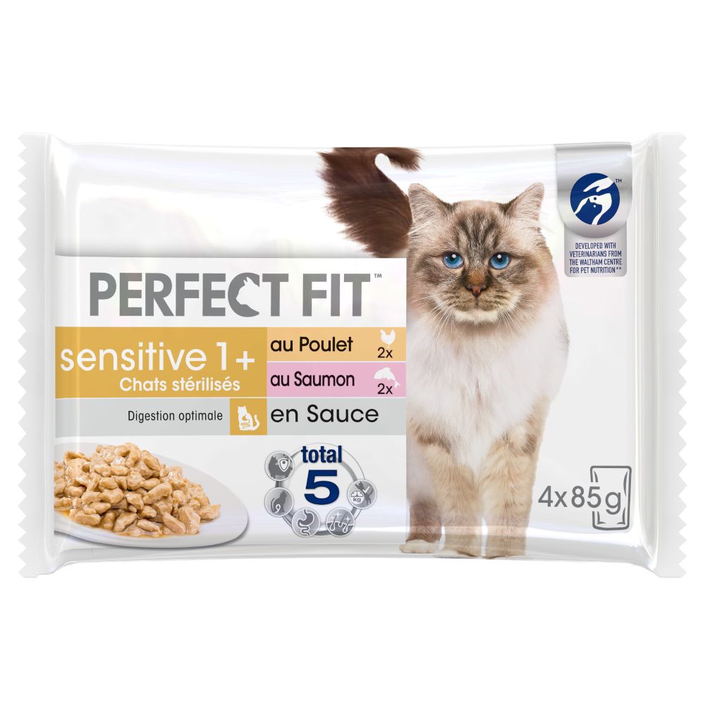 52x85g Perfect Fit Sensitive 1+ Chats Stérilisés Poulet & Saumon En Sauce - Sachet Pour Chat