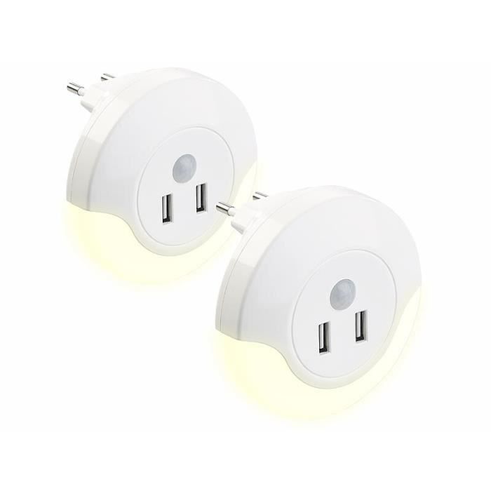 - 2 Veilleuses À Led Automatiques Sur Prise De Courant Avec 2 Ports Usb