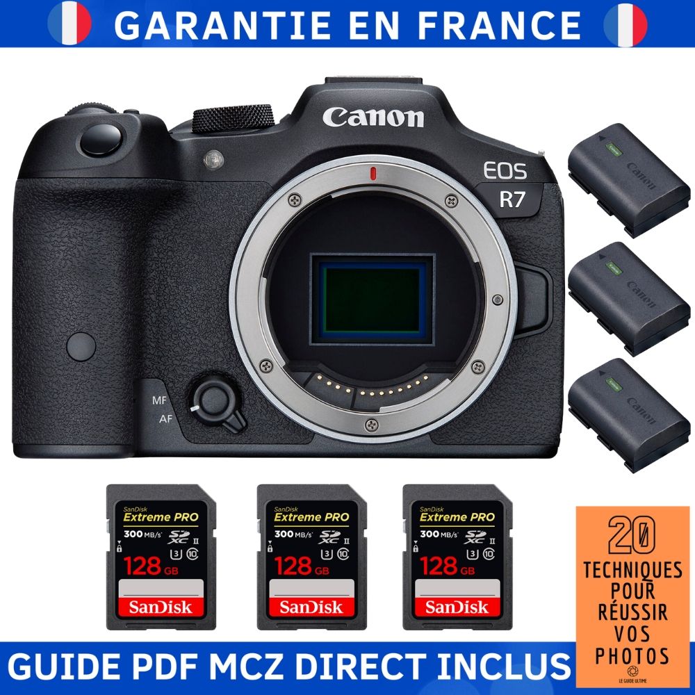 Canon EOS R7 + 3 SanDisk Extreme PRO UHS II SDXC 300 MB/ + 3 Canon LP E6NH + Guide PDF MCZ DIRECT '20 TECHNIQUES POUR RÉUSSIR VOS PHOTOS - vue 3