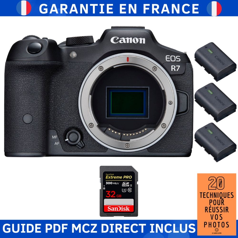 Canon EOS R7 + 1 SanDisk Extreme PRO UHS II SDXC 300 MB/ + 3 Canon LP E6NH + Guide PDF MCZ DIRECT '20 TECHNIQUES POUR RÉUSSIR VOS PHOTOS