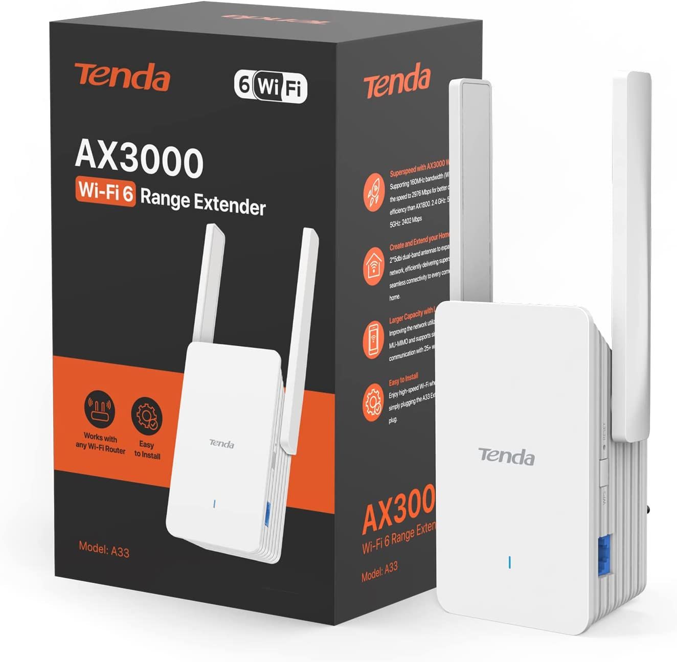 Répéteur WiFi 6 Amplificateur WiFi AX3000 Tenda A33 port ethernet 2*5dBi Antennas Configuration Facile