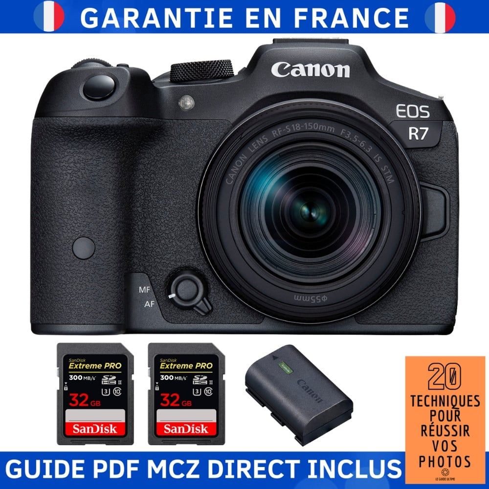 Canon EOS R7 + RF 18 150mm STM + 2 SanDisk Extreme PRO UHS II SDXC 300 MB/ + 1 Canon LP E6NH + Guide PDF MCZ DIRECT '20 TECHNIQUES POUR RÉUSSIR VOS PHOTOS