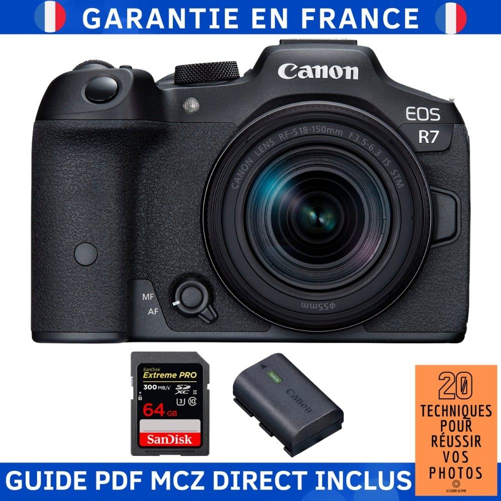 Canon EOS R7 + RF 18 150mm STM + 1 SanDisk Extreme PRO UHS II SDXC 300 MB/ + 1 Canon LP E6NH + Guide PDF MCZ DIRECT '20 TECHNIQUES POUR RÉUSSIR VOS PHOTOS