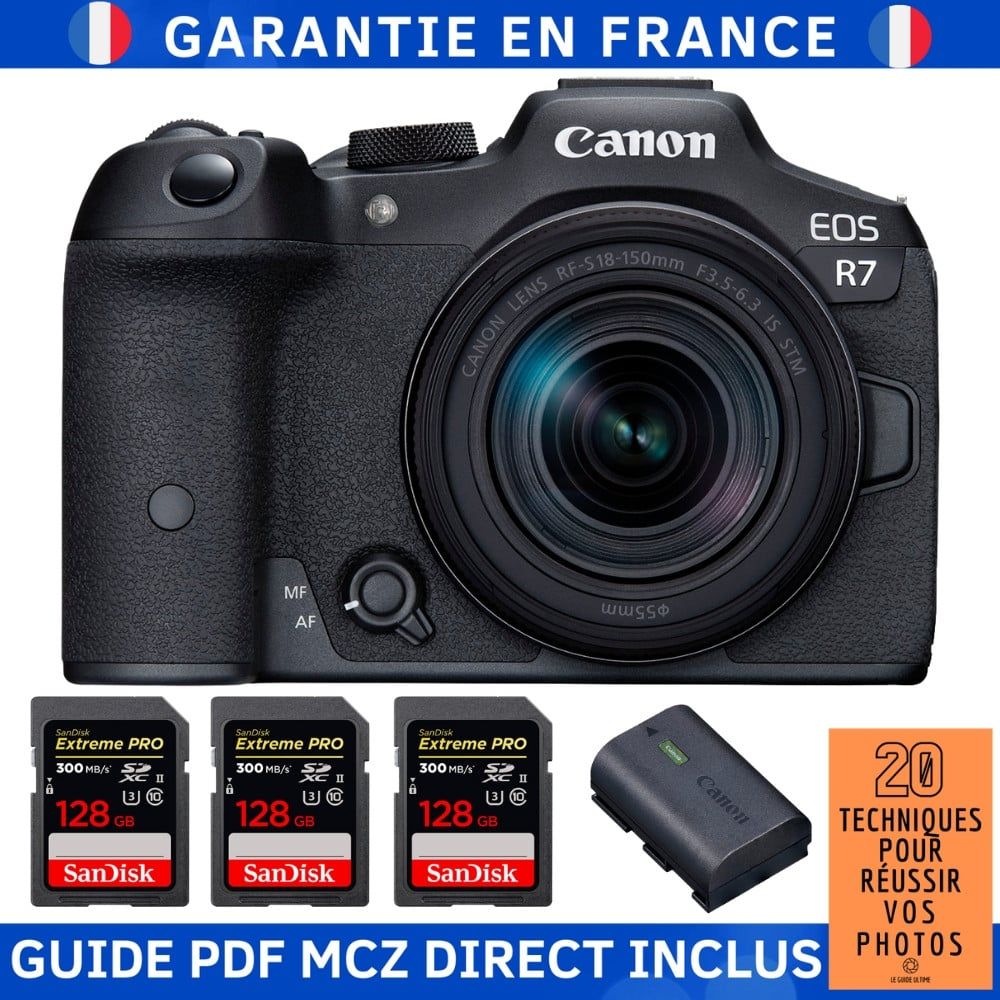 Canon EOS R7 + RF 18 150mm STM + 3 SanDisk Extreme PRO UHS II SDXC 300 MB/ + 1 Canon LP E6NH + Guide PDF MCZ DIRECT '20 TECHNIQUES POUR RÉUSSIR VOS PHOTOS