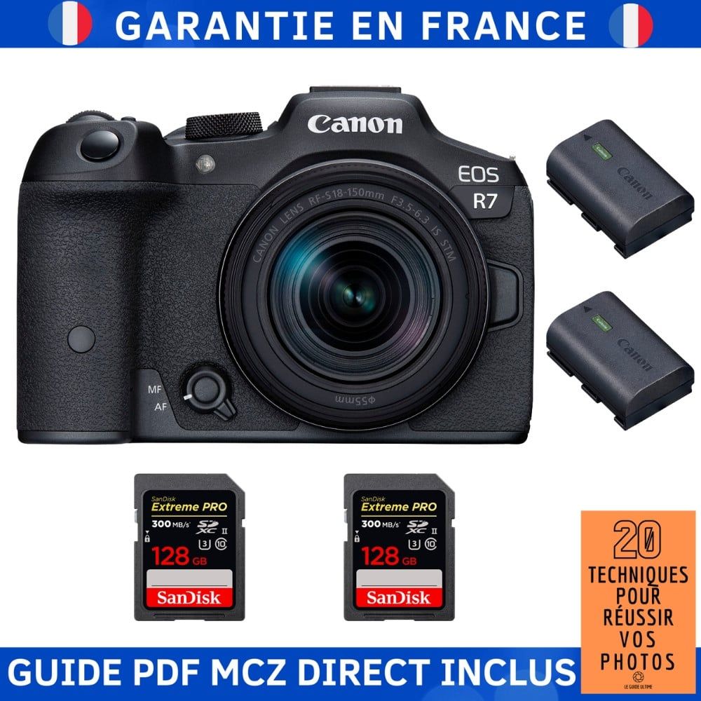 Canon EOS R7 + RF 18 150mm STM + 2 SanDisk Extreme PRO UHS II SDXC 300 MB/ + 2 Canon LP E6NH + Guide PDF MCZ DIRECT '20 TECHNIQUES POUR RÉUSSIR VOS PHOTOS
