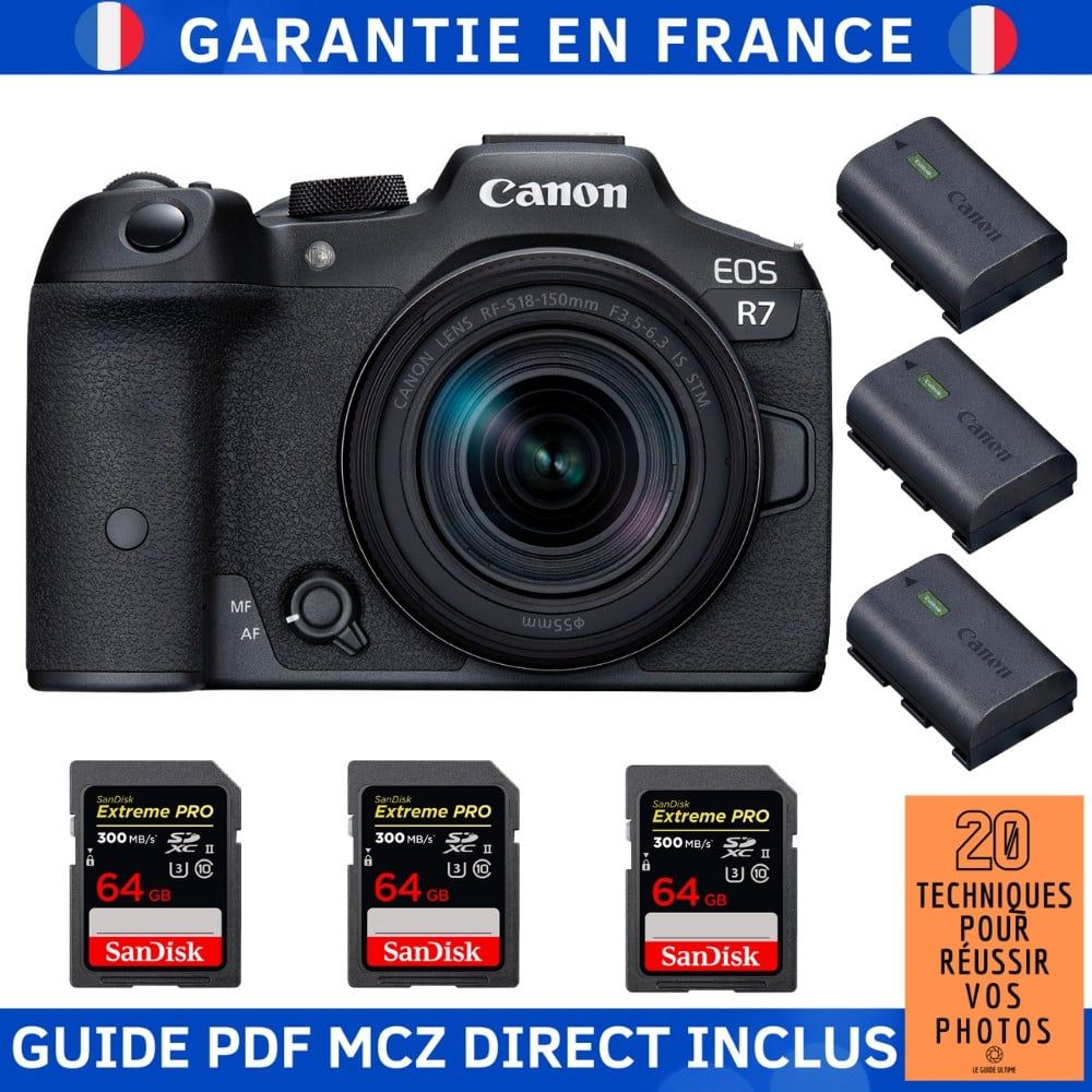 Canon EOS R7 + RF 18 150mm STM + 3 SanDisk Extreme PRO UHS II SDXC 300 MB/ + 3 Canon LP E6NH + Guide PDF MCZ DIRECT '20 TECHNIQUES POUR RÉUSSIR VOS PHOTOS