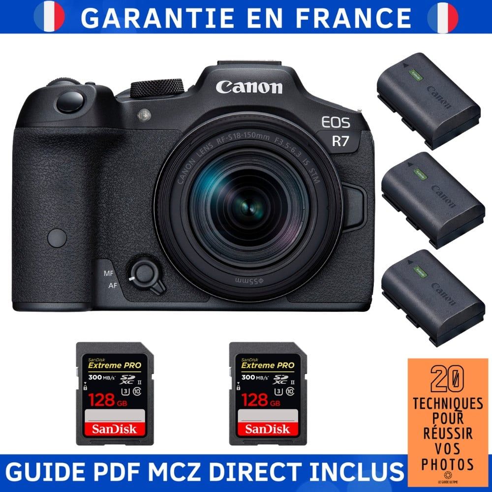 Canon EOS R7 + RF 18 150mm STM + 2 SanDisk Extreme PRO UHS II SDXC 300 MB/ + 3 Canon LP E6NH + Guide PDF MCZ DIRECT '20 TECHNIQUES POUR RÉUSSIR VOS PHOTOS
