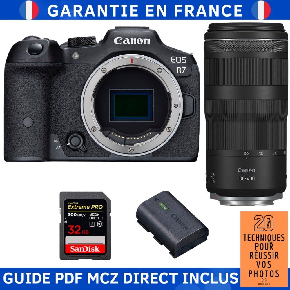 Canon EOS R7 + RF 100 400mm IS + 1 SanDisk Extreme PRO UHS II SDXC 300 MB/ + 1 Canon LP E6NH + Guide PDF MCZ DIRECT '20 TECHNIQUES POUR RÉUSSIR VOS PHOTOS