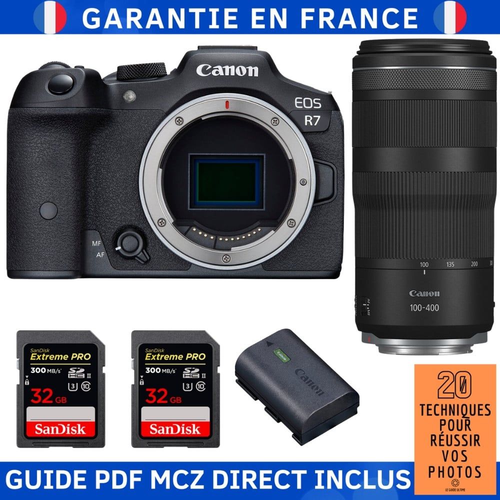 Canon EOS R7 + RF 100 400mm IS + 2 SanDisk Extreme PRO UHS II SDXC 300 MB/ + 1 Canon LP E6NH + Guide PDF MCZ DIRECT '20 TECHNIQUES POUR RÉUSSIR VOS PHOTOS