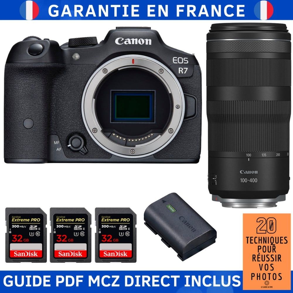 Canon EOS R7 + RF 100 400mm IS + 3 SanDisk Extreme PRO UHS II SDXC 300 MB/ + 1 Canon LP E6NH + Guide PDF MCZ DIRECT '20 TECHNIQUES POUR RÉUSSIR VOS PHOTOS - vue 2