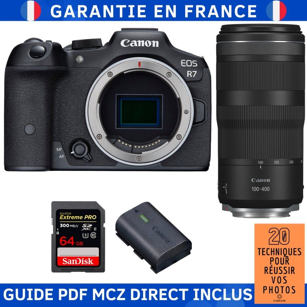 Canon EOS R7 + RF 100 400mm IS + 1 SanDisk Extreme PRO UHS II SDXC 300 MB/ + 1 Canon LP E6NH + Guide PDF MCZ DIRECT '20 TECHNIQUES POUR RÉUSSIR VOS PHOTOS - vue 3