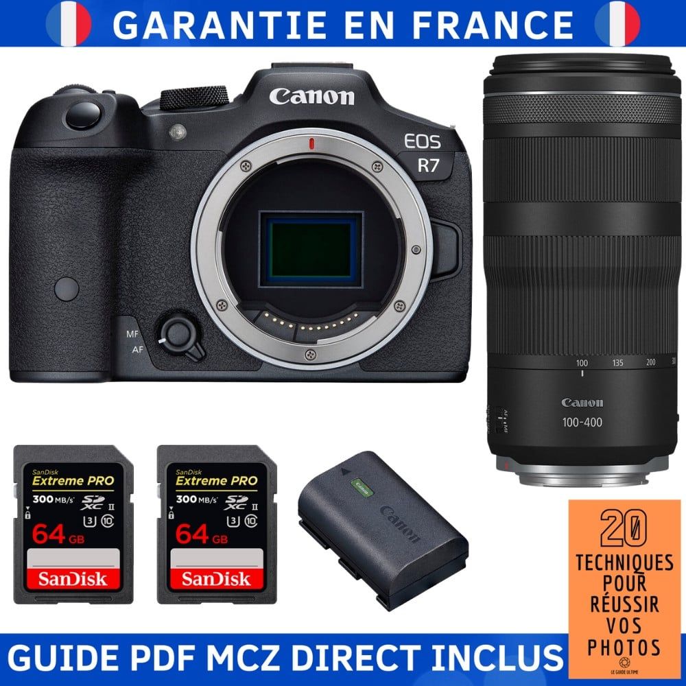 Canon EOS R7 + RF 100 400mm IS + 2 SanDisk Extreme PRO UHS II SDXC 300 MB/ + 1 Canon LP E6NH + Guide PDF MCZ DIRECT '20 TECHNIQUES POUR RÉUSSIR VOS PHOTOS - vue 2