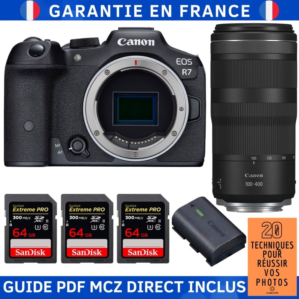 Canon EOS R7 + RF 100 400mm IS + 3 SanDisk Extreme PRO UHS II SDXC 300 MB/ + 1 Canon LP E6NH + Guide PDF MCZ DIRECT '20 TECHNIQUES POUR RÉUSSIR VOS PHOTOS - vue 3