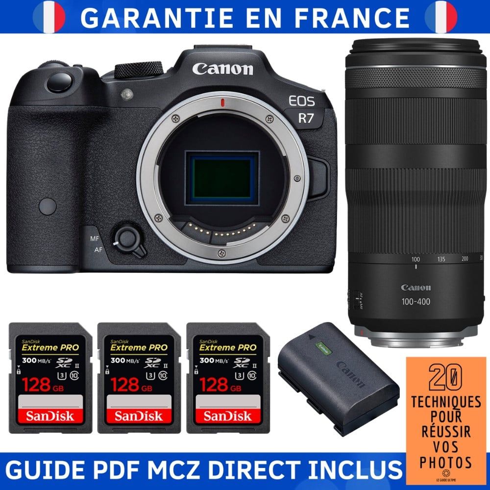 Canon EOS R7 + RF 100 400mm IS + 3 SanDisk Extreme PRO UHS II SDXC 300 MB/ + 1 Canon LP E6NH + Guide PDF MCZ DIRECT '20 TECHNIQUES POUR RÉUSSIR VOS PHOTOS