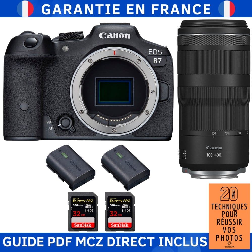 Canon EOS R7 + RF 100 400mm IS + 2 SanDisk Extreme PRO UHS II SDXC 300 MB/ + 2 Canon LP E6NH + Guide PDF MCZ DIRECT '20 TECHNIQUES POUR RÉUSSIR VOS PHOTOS - vue 2