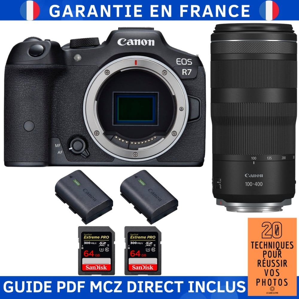 Canon EOS R7 + RF 100 400mm IS + 2 SanDisk Extreme PRO UHS II SDXC 300 MB/ + 2 Canon LP E6NH + Guide PDF MCZ DIRECT '20 TECHNIQUES POUR RÉUSSIR VOS PHOTOS - vue 3