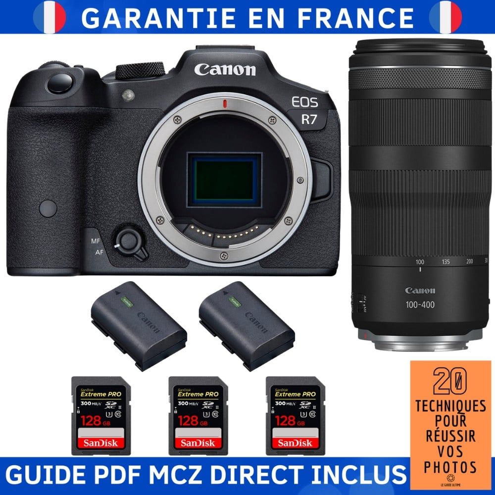 Canon EOS R7 + RF 100 400mm IS + 3 SanDisk Extreme PRO UHS II SDXC 300 MB/ + 2 Canon LP E6NH + Guide PDF MCZ DIRECT '20 TECHNIQUES POUR RÉUSSIR VOS PHOTOS