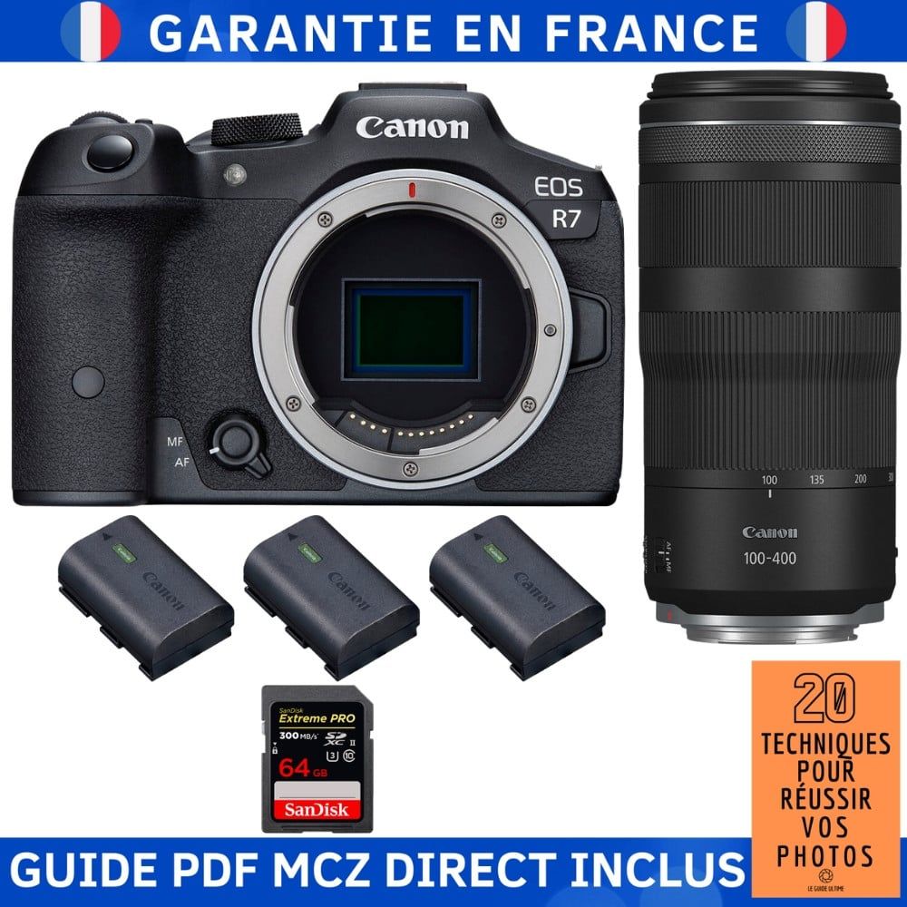Canon EOS R7 + RF 100 400mm IS + 1 SanDisk Extreme PRO UHS II SDXC 300 MB/ + 3 Canon LP E6NH + Guide PDF MCZ DIRECT '20 TECHNIQUES POUR RÉUSSIR VOS PHOTOS - vue 3