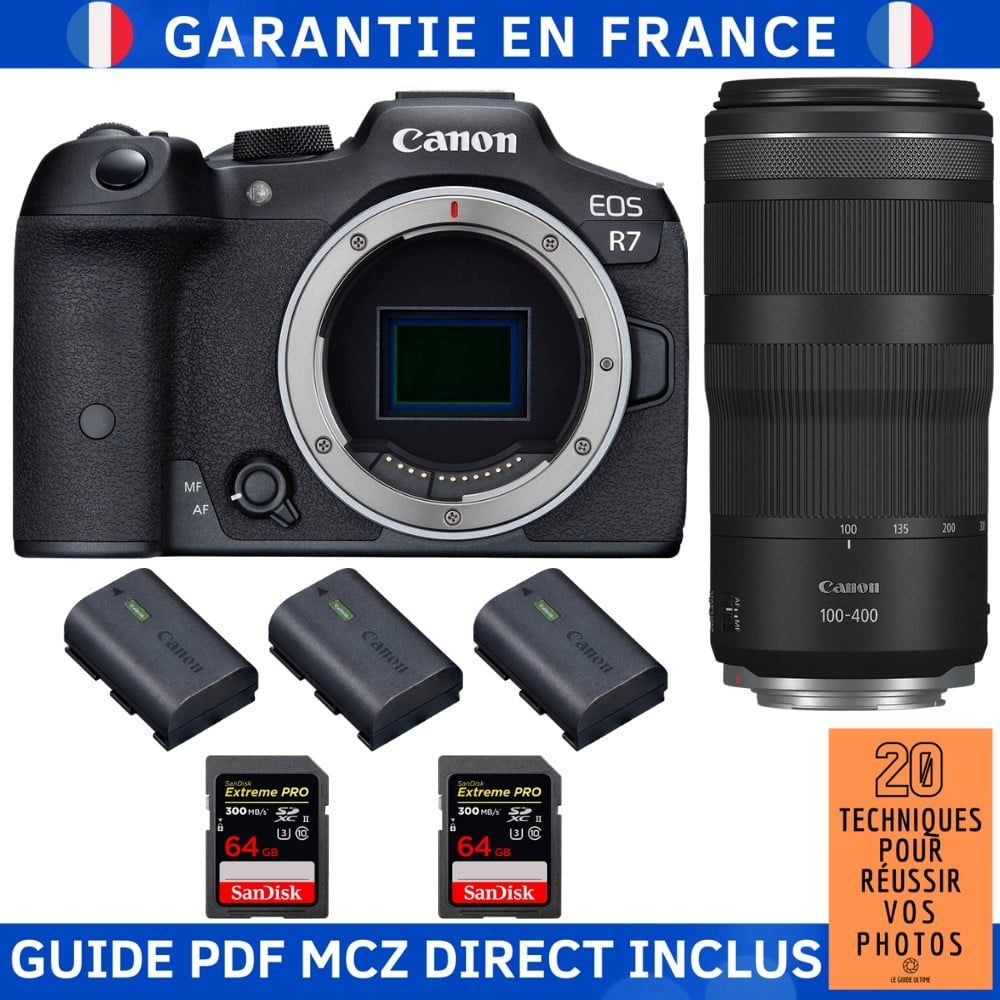 Canon EOS R7 + RF 100 400mm IS + 2 SanDisk Extreme PRO UHS II SDXC 300 MB/ + 3 Canon LP E6NH + Guide PDF MCZ DIRECT '20 TECHNIQUES POUR RÉUSSIR VOS PHOTOS - vue 2
