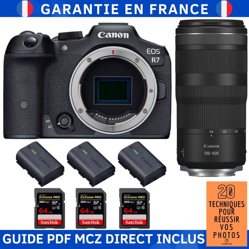 Canon EOS R7 + RF 100 400mm IS + 3 SanDisk Extreme PRO UHS II SDXC 300 MB/ + 3 Canon LP E6NH + Guide PDF MCZ DIRECT '20 TECHNIQUES POUR RÉUSSIR VOS PHOTOS - vue 3