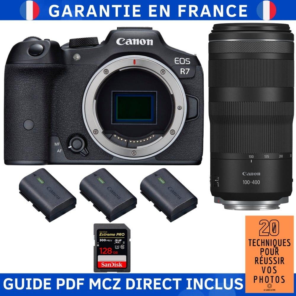 Canon EOS R7 + RF 100 400mm IS + 1 SanDisk Extreme PRO UHS II SDXC 300 MB/ + 3 Canon LP E6NH + Guide PDF MCZ DIRECT '20 TECHNIQUES POUR RÉUSSIR VOS PHOTOS