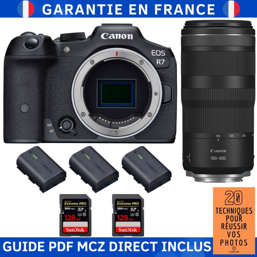 Canon EOS R7 + RF 100 400mm IS + 2 SanDisk Extreme PRO UHS II SDXC 300 MB/ + 3 Canon LP E6NH + Guide PDF MCZ DIRECT '20 TECHNIQUES POUR RÉUSSIR VOS PHOTOS