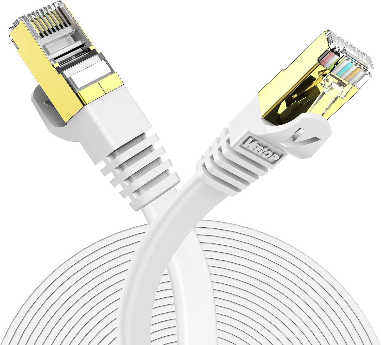 Cable Ethernet 2m, Rj45 Cat 7 Plat haute vitesse avec connecteur réseau RJ45 plaqué or, Câble rj45 cat 7 blindé Cable internet Haut Débit 10 Gb/s - 750 MHz