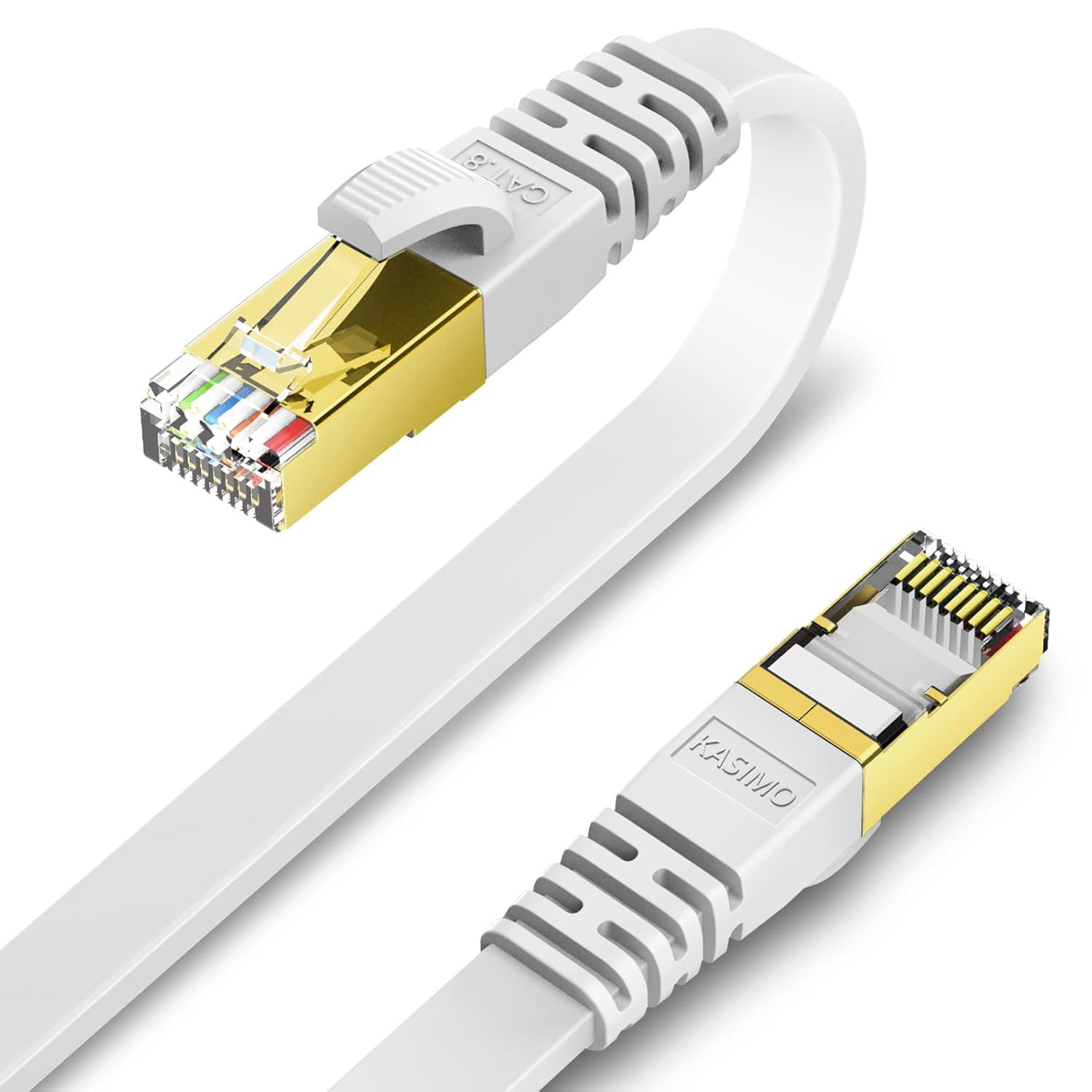 0,5m x 2 Pièces Câble Ethernet Cat 8 Plat, Câble RJ45 Avec Connecteurs Plaqués Or - Cable Réseau LAN Haut Débit 40 Gb/s - 2000 MHz - Blanc