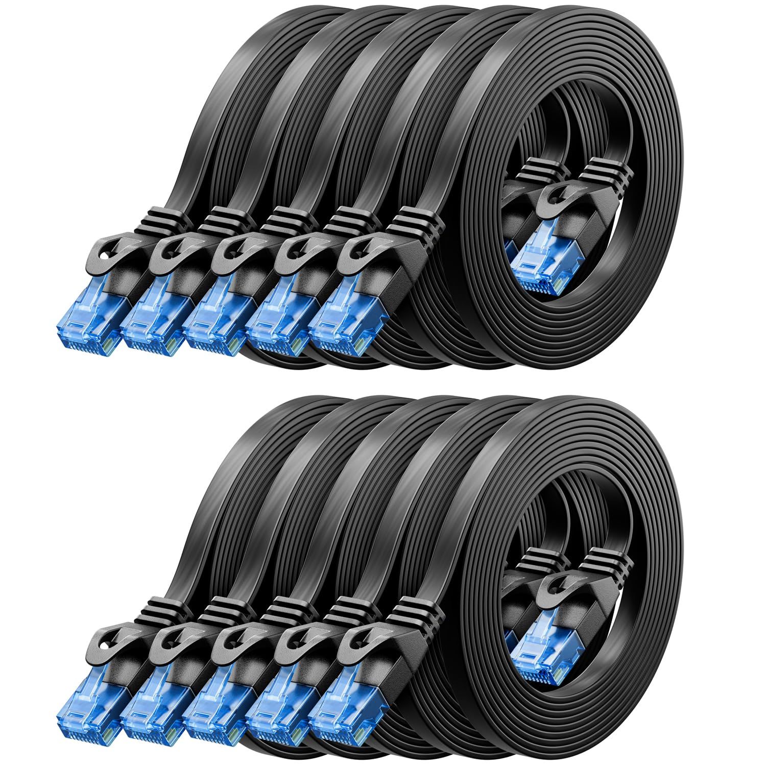 10x 0,25m CAT6 Câble Réseau Plat 1000 Mbit Gigabit LAN - Cat 6 RJ45 Ethernet Câble de Raccordement Câble de Pose fin Plat - pour Internet Switch Routeur Modem Panneau de Brassage - Noir